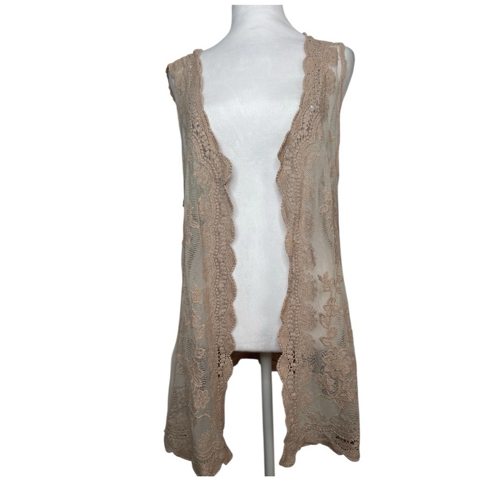 Cato Light Brown Lace Embroidered Vest Boho Sheer Floral Size Large